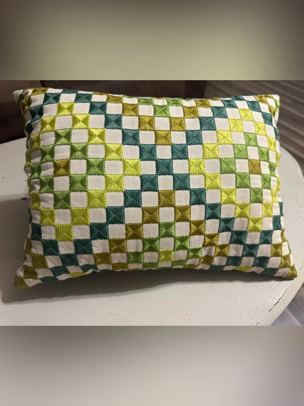 Pier 1 Green Teal Lime Checkered Embroidered Accent Pillow